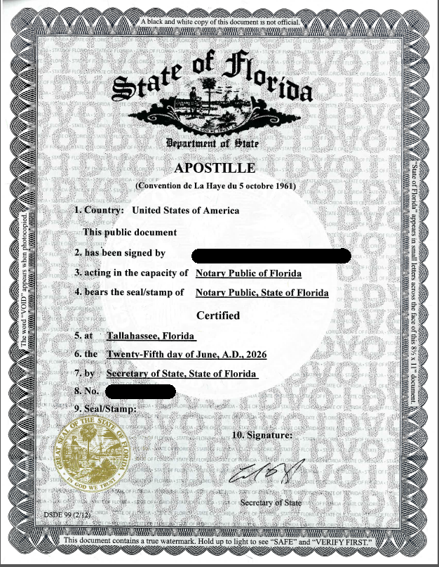Sample U.S. apostille certificate in the standard Hague Convention format